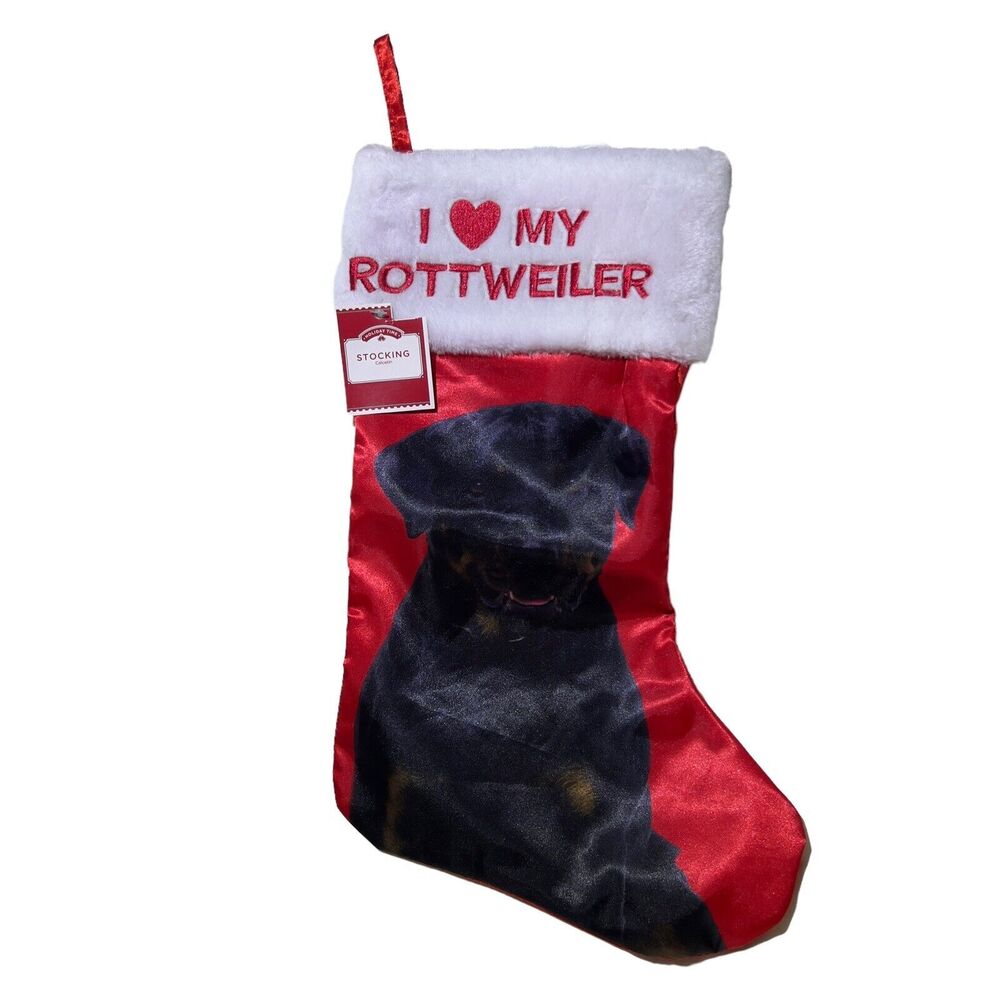 Christmas 18” Red Satin Dog Stocking “I ❤️ My Rottweiler” NWT